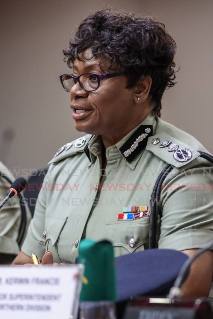 Police Commissioner Erla Christopher-Harewood before a parliament joint select committee in May. - File photo/Jeff Mayers