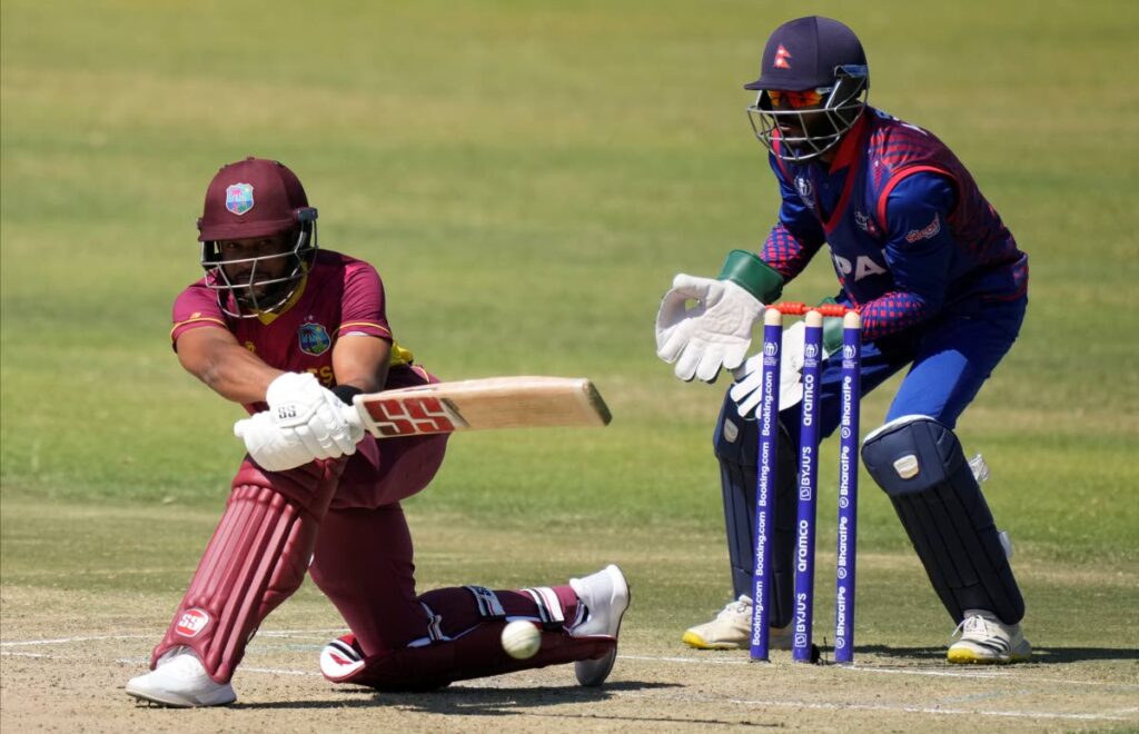In this file photo, West Indies captain Shai Hope bats during the ICC Men's Cricket World Cup Qualifier against Nepal at Harare Sports Club in Harare, Zimbabwe, on June 22. - AP PHOTO