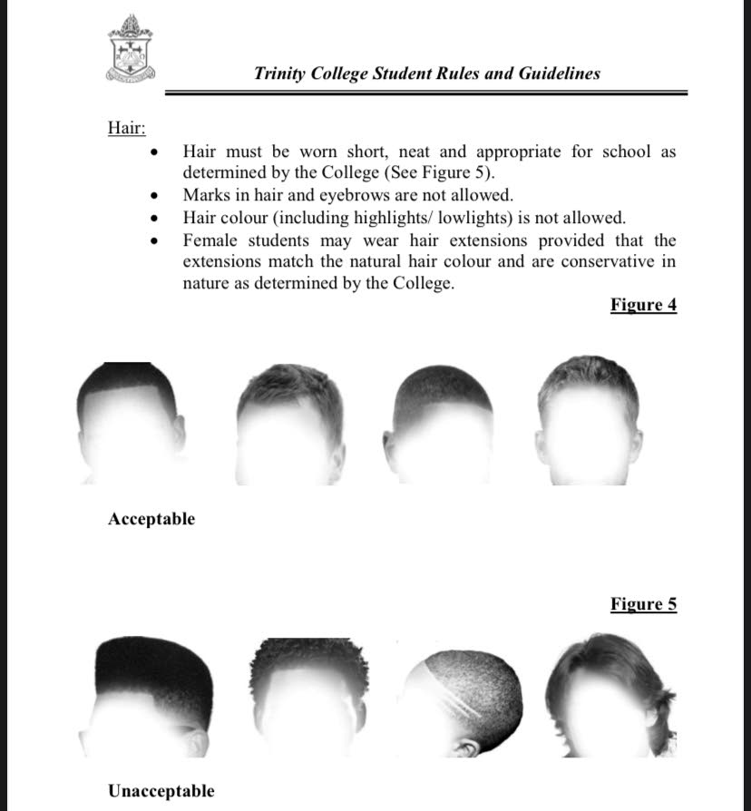 Trinity College's guide to acceptable vs unacceptable hairstyles.  - 