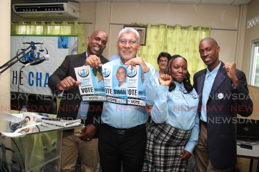 Political leader of the MSJ David Abdullah takes a photo with candidates Nigel Whyte, Techier/Guapo, left, Amber  Wharton, Hollywood, and Kester Swan, New Village at OWTU Hall, Newlands, Point Fortin. - AYANNA KINSALE