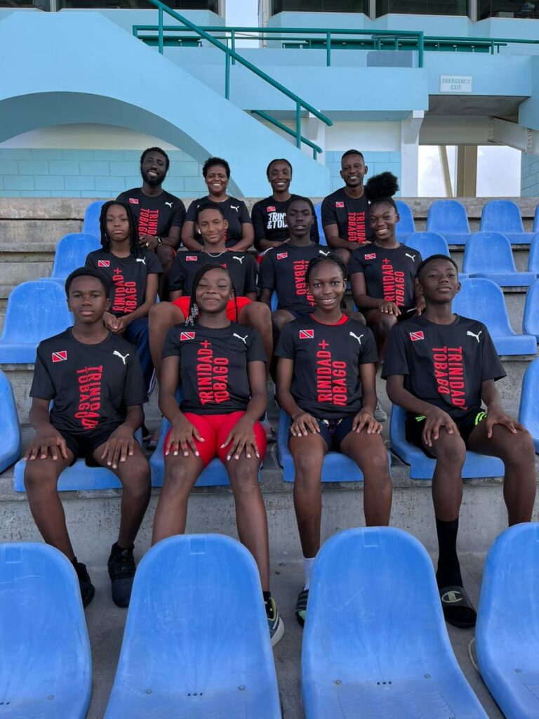 Front row (U13 athletes) L-R: Kerlon Henry, Daija Reid, Ryanna Regis, Jafari Edwards...Middle Row (U15 athletes) L-R: LShiya Biggart, Michal Paul, Aaron Radgman, Makayla Cupid...Back Row (officials) L-R: Shaun Stuart (coach), Michelle Stoute (manager), Kelsey Toussaint-Reid (coach), Soren Bishop (coach). - Courtesy NAAA