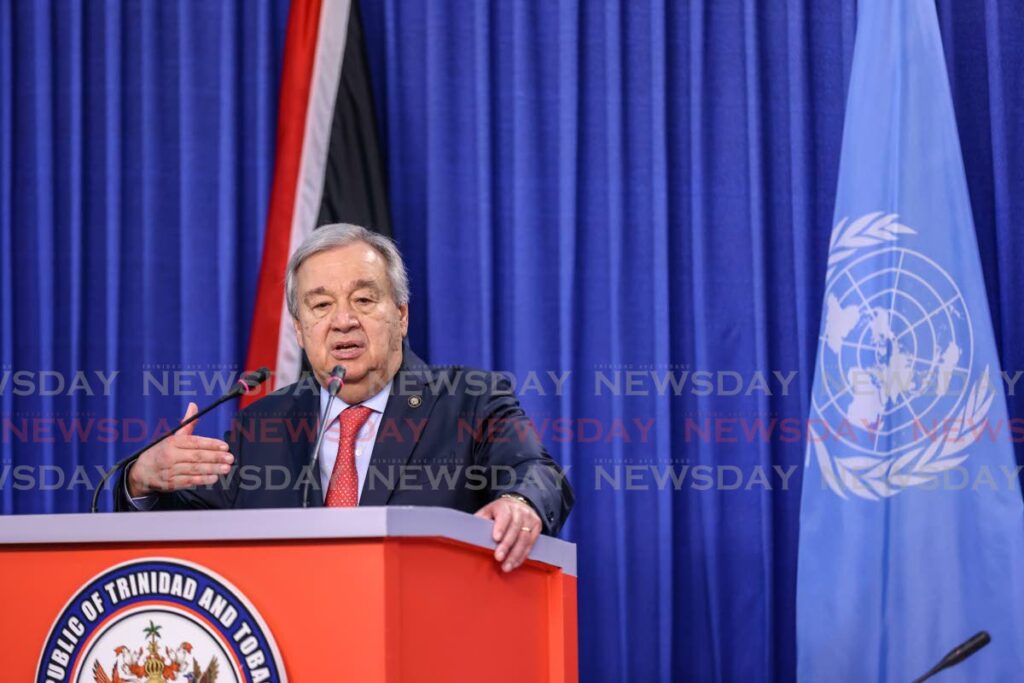 UN secretary general Antonio Guterres speaks at a joint press conference with Prime Minister Dr Keith Rowley on Monday at the Diplomatic Centre, St Ann's. PHOTO BY JEFF MAYERS - 