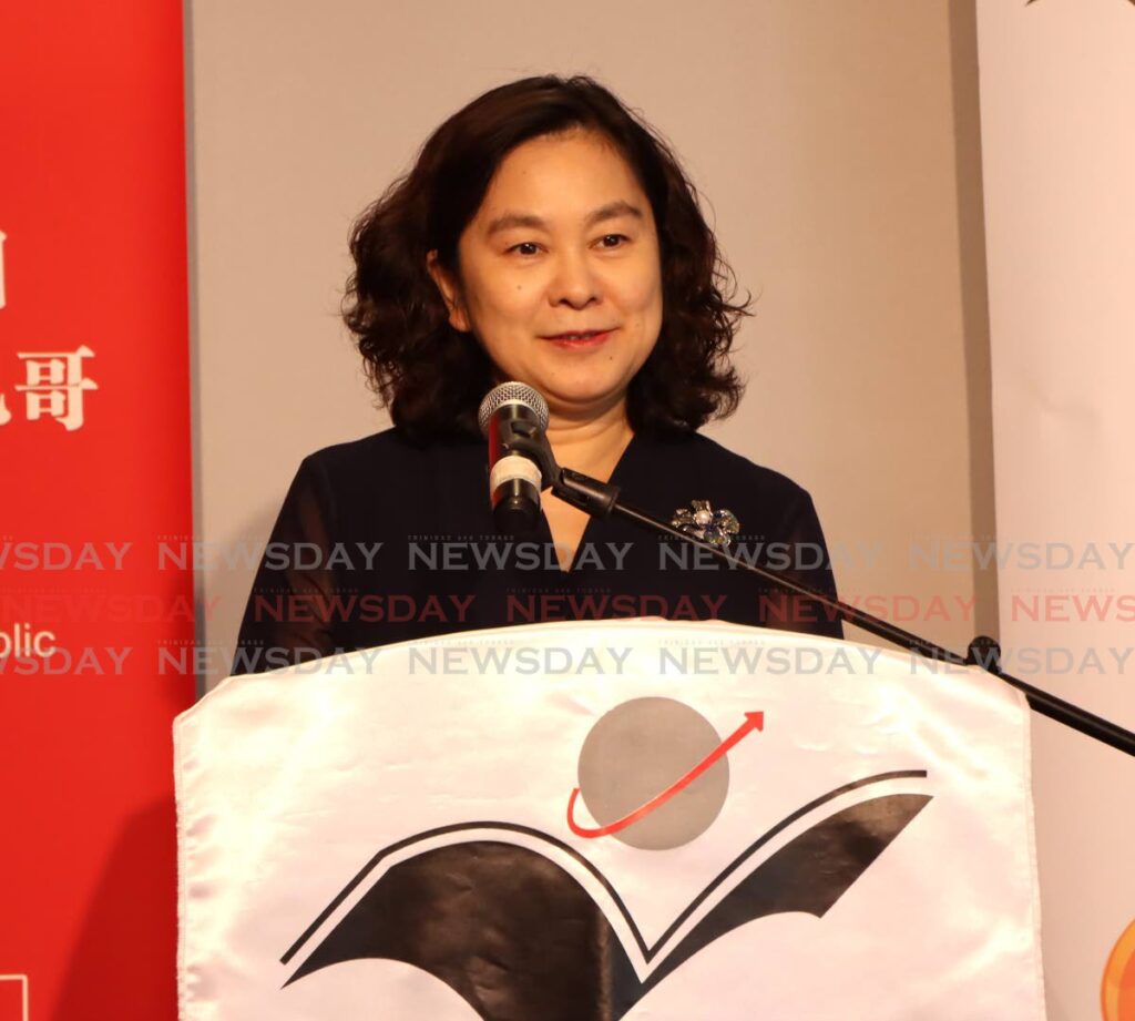 China's Assistant Minister of Foreign Affairs Hua Chunying in an open-floor discussion at the National Library, Port of Spain, on July 3. - Photo by Angelo Marcelle