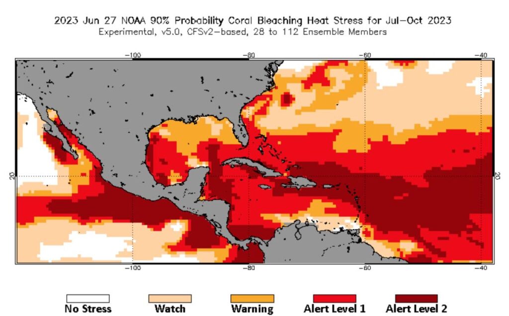 A four-month outlook for the probability of severe coral bleaching in the Caribbean, July – October 2023. Image source. Coral Reef Watch, NOAA - 