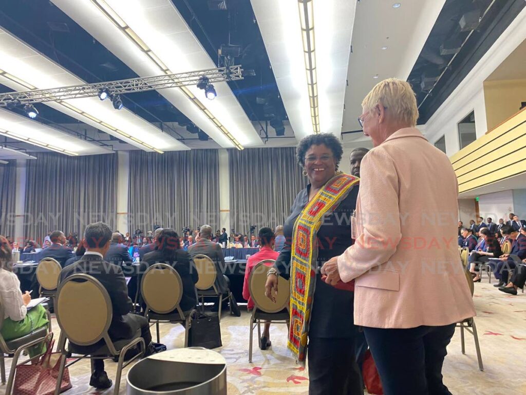 Barbadian Prime Minister, Mia Mottley arrives at the Hyatt Regency hotel for day two of the Caricom heads of government summit on Tuesday.  - Photo by Narissa Fraser 
