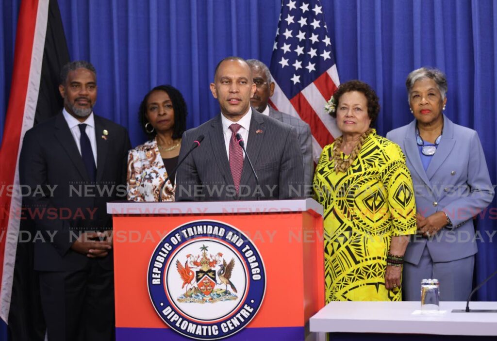 US House Democratic Leader Hakeem Jeffries with a congressional delegation during a media conference at the Diplomatic Centre, Port of Spain on July 6. - Photo by Jeff K Mayers