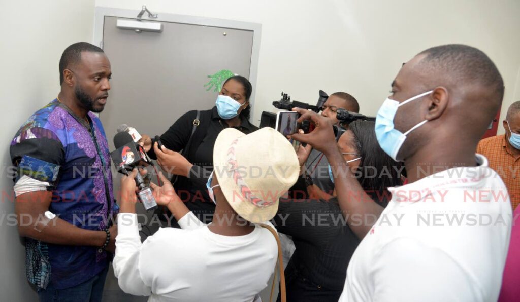 Public Utilities Minister Marvin Gonzales speaks to media at the Mt Hope Womens Hospital on Saturday. - Anisto Alves