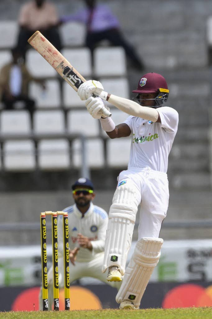 Alick Athanaze plays a shot against India on day one of the first cricket Test match at Windsor Park, Roseau, Dominica. AP Photo - AP PHOTO