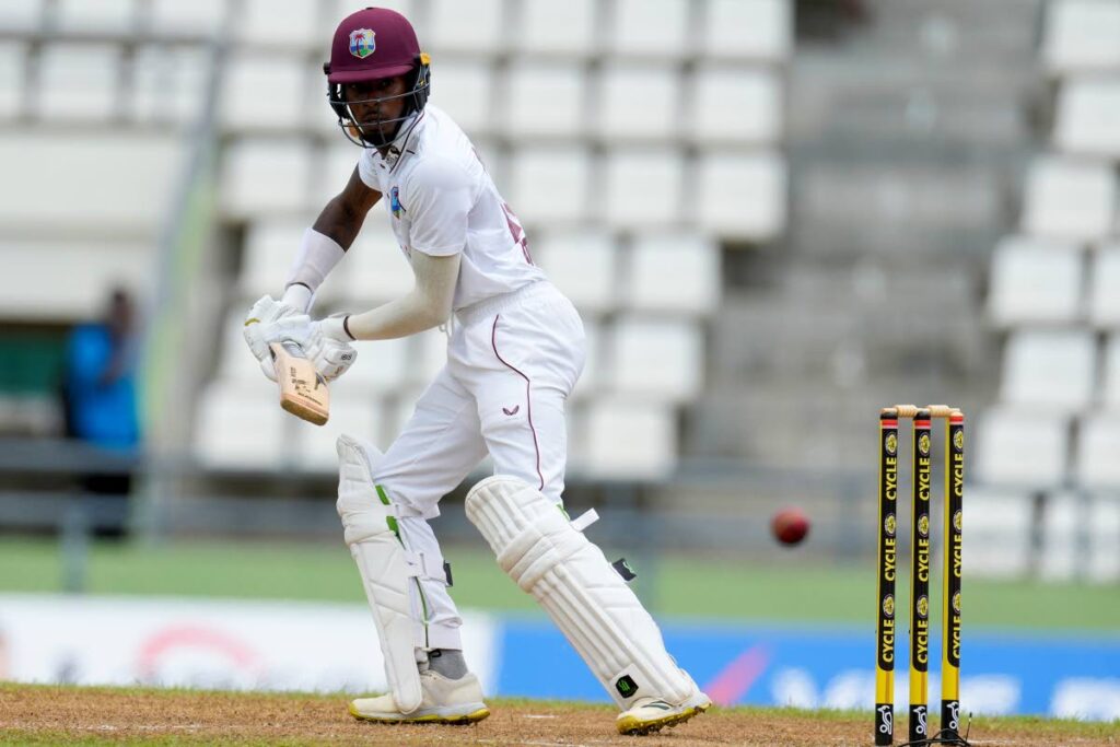 West Indies' Alick Athanaze plays a shot against India on day one of the first cricket Test match at Windsor Park, Roseau, Dominica, on Wednesday, July 12, 2023. - AP PHOTO
