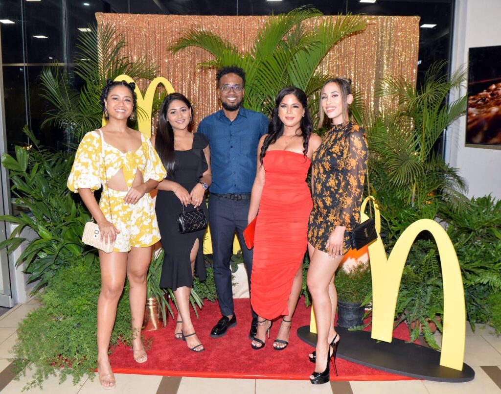 McDonald’s team of digital influencers Shevonne Metivier, left, Anastasia Mootoo, Keron “Tim Tim” Boodoosingh, chef Josanna Khita Gonsalves and Leah Herbert at the launch of Small Changes, Big Differences at McDonald’s Cipriani Boulevard. - 