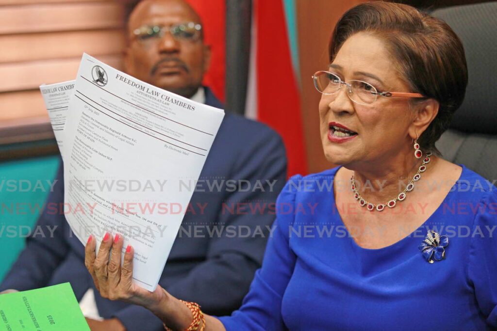 Opposition leader  Kamla Persad Bissessar speaking at a news conference held at her Siparia constituency office, Penal on July 14 - Lincoln Holder