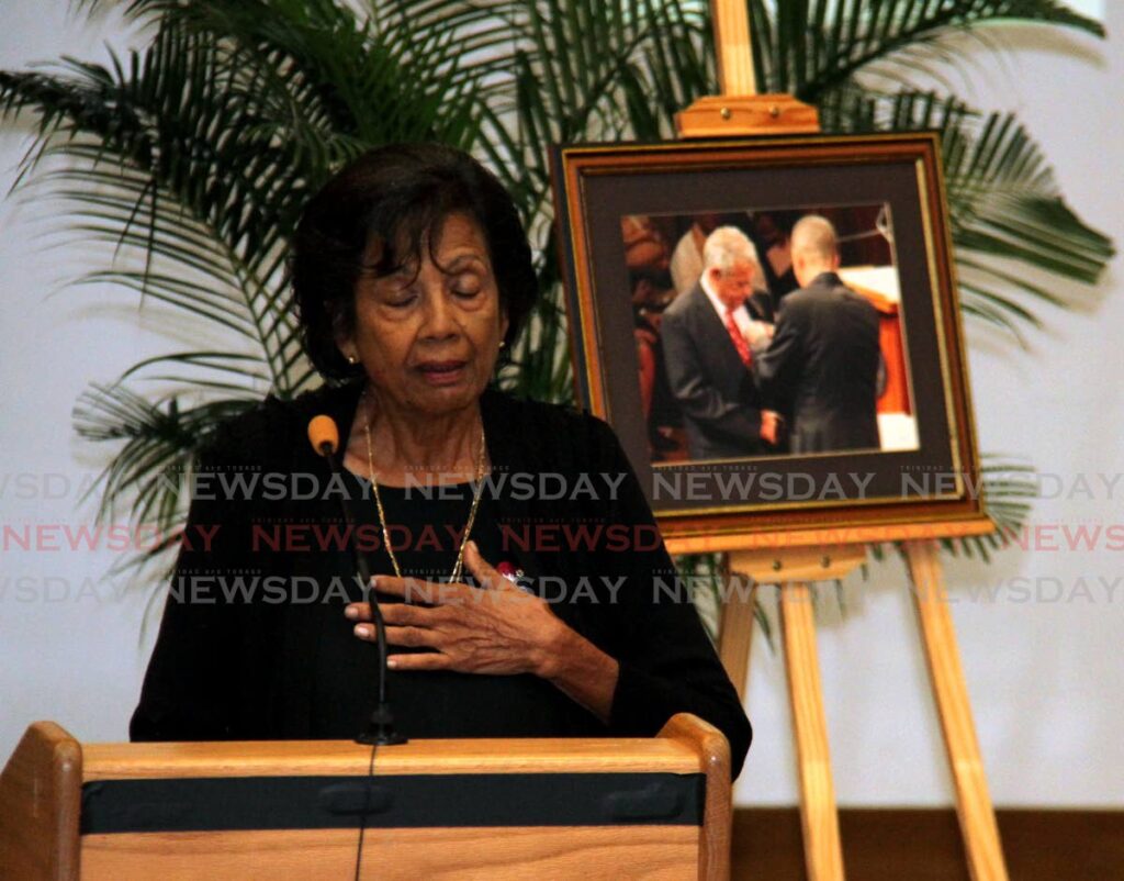 Joan Samaroo, wife of Prof Brinsley Samaroo, speaks during his memorial service at the University of the West Indies, St Augustine, Daaga Hall Auditorium, on Friday. - Photo by Ayanna Kinsale