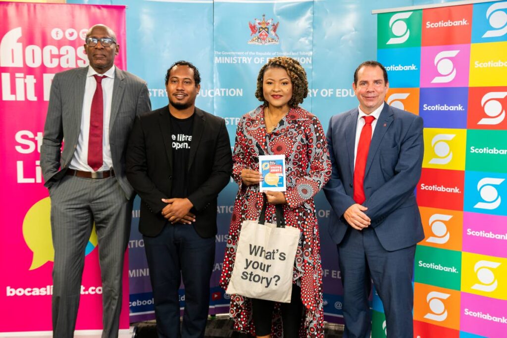 Dr Keith Nurse president of COSTAATT, left, Jean-Claude Cournand CEO of the Bocas Lit Fest, Minister of Education, Dr Nyan Gadsby-Dolly and Scotiabank foundaiton director, Stefan Lalonde. - 