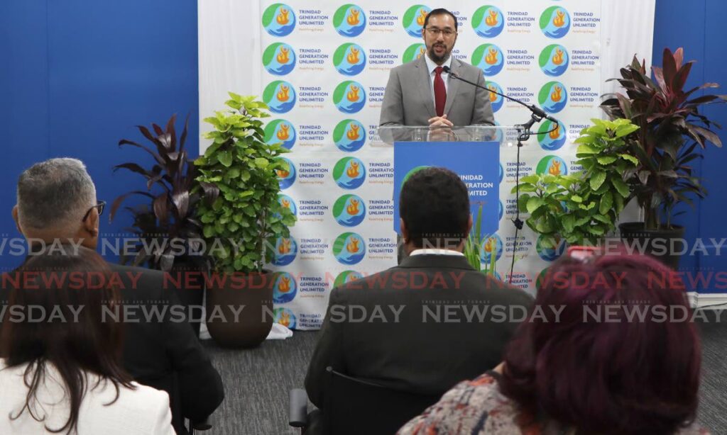 Energy and Energy Industries Minister Stuart Young addresses guest at the official opening of Trinidad Generation Unlimited's office at Mulchan Seuchan Road, Chaguanas on Tuesday. - Angelo Marcelle