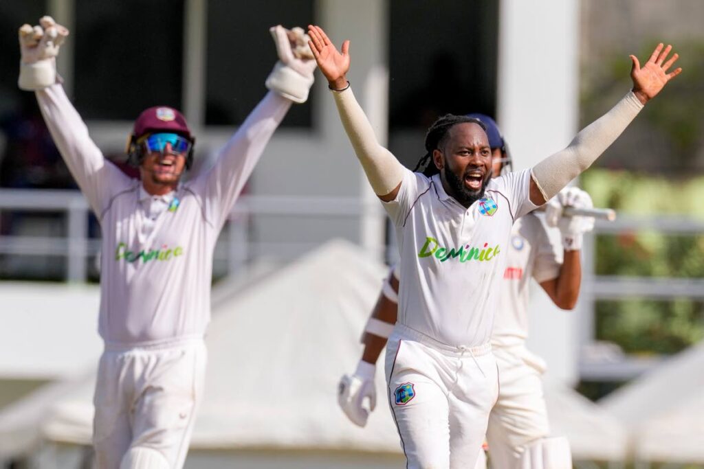 West Indies' bowler Jomel Warrican unsuccessfully appeals for the wicket of India's Yashasvi Jaiswal on day two of their first Test match at Windsor Park in Roseau, Dominica, on Thursday.  - AP PHOTO