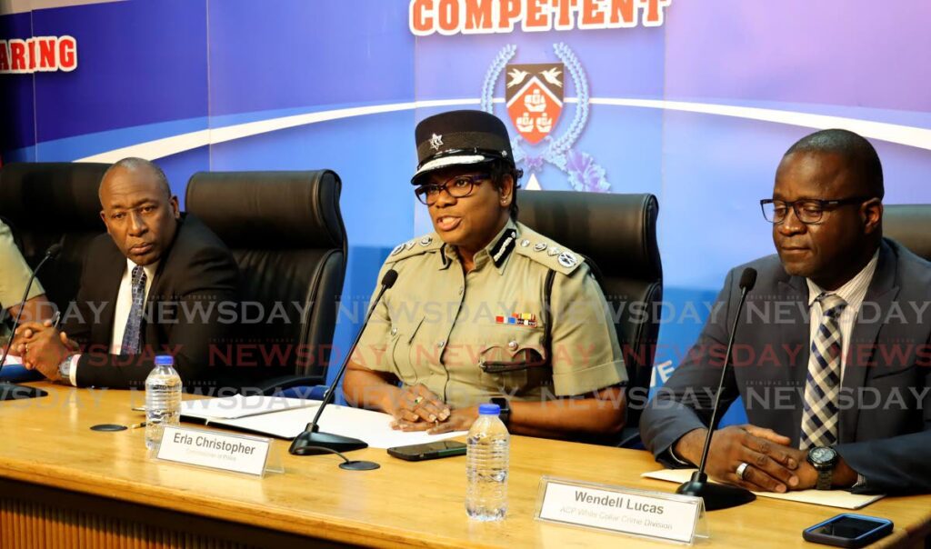 I AM NOT INVOLVED: Commissioner of Police, Erla Christopher, alongside from left, DCP Curt Simon of TTPS Intelligence and Investigations and ACP Wendell Lucas of TTPS White Collar Crime Division, during a media conference to address allegations made by THA Chief Secretary Farley Augustine on Wednesday morning.  - ROGER JACOB