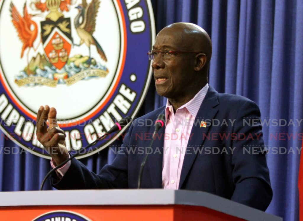 Prime Minister Dr KeIth Rowley speaks at a media conference at the Diplomatic Centre, St Ann's, Port of Spain, on Wednesday. - Ayanna Kinsale