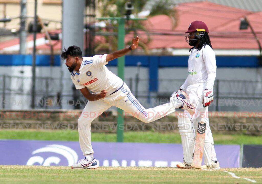 India pacer Mohammed Siraj bowls against the West Indies during Day 4 of the second Test match, at the Queen's Park Oval, St Clair, on Sunday.  - Lincoln Holder