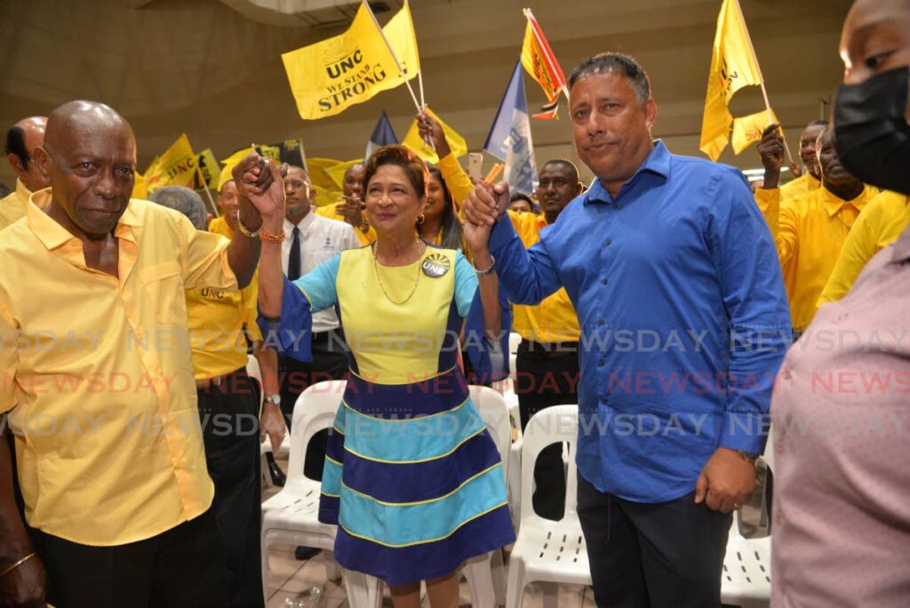 From left, ILP leader Jack Warner, UNC political leader Kamla Persad-Bissessar and NTA political leader Gary Griffith at a joint UNC and NTA political meeting at Centre of Excellence, Macoya.  File photo by Anisto Alvez