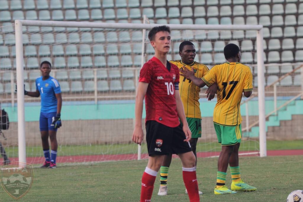 TT U15 boys’ captain Caden Trestrail (10) in action against Jamaica during a practice match on Sunday, at the Manny Ramjohn Stadium, Marabella.  - TTFA Media