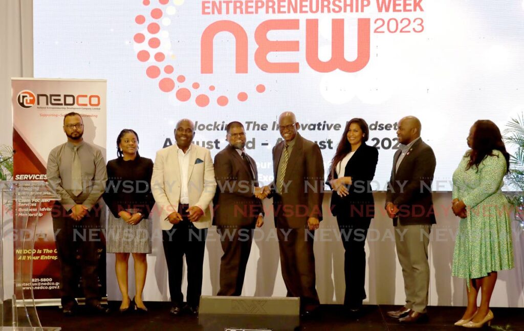 Shiva Orie, Newsday marketing and administrative manager (from left); Gachelle Gilkes-Edwards MYDNS programme coordinator; Clavin Maurice NEDCO CEO; Farook Hosein PS MYDNS; Clarry Benn NEDCO chairman; Stephanie Pemberton CEO Planting Seeds; TTMA president Ronald Roach; and Dawn Nelson VP of TTIFC, at the official launch of NEDCO entrepreneurship month  held at the Hilton Trinidad, Port of Spain on Tuesday.
 - Photo by Roger Jacob