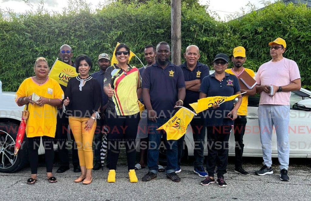 UNC Senator Jayanti Lutchmedial and UNC local government election candidates are joined by members of the Olfield Workers Trade Union (OWTU) on a walkabout in San Fernando in the lead-up to the election on August 14. - 