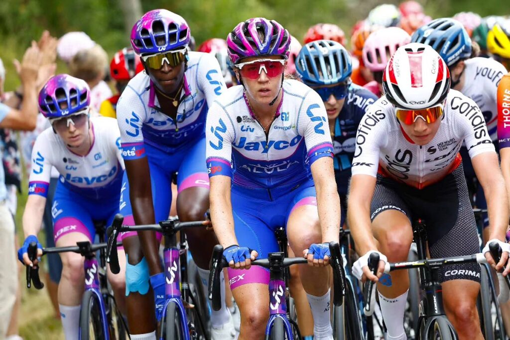 TT and Team Jayco Alula's Teniel Campbell, second from left, in action at the Tourde France Femmes earlier this week.  - 