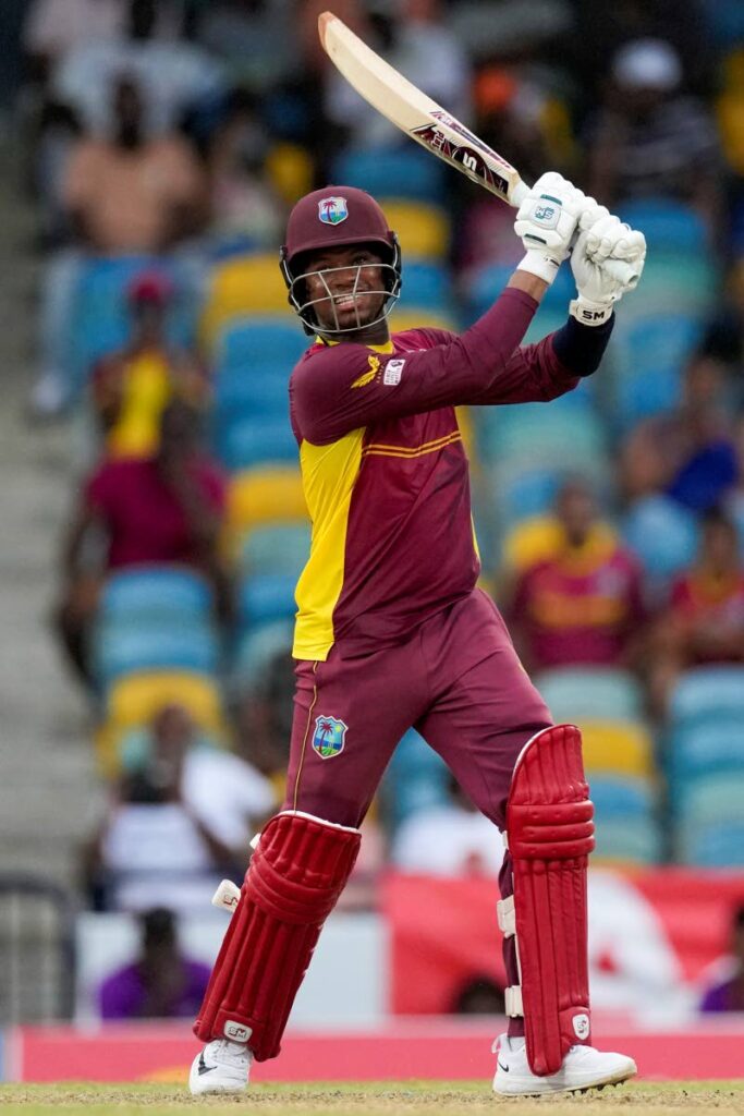 West Indies' Keacy Carty hits four to defeat India by six wickets in the second ODI match at Kensington Oval in Bridgetown, Barbados, on Saturday.  - AP PHOTO