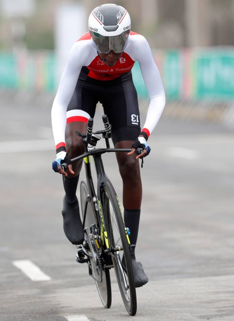 In this August 7, 2019 file photo, Teniel Campbell of Trinidad and Tobago competes in the women's road cycling individual time trial finals at the Pan American Games in Lima Peru. (AP Photo) - 