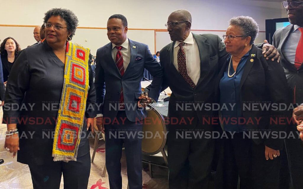 From left, Barbados PM Mia Mottley, Foreign and Caricom Affairs Minister Dr Amery Browne, former Caricom secretary general Sir Edwin Carrington and current secretary general Carla Barnett during the 45th Regular Meeting of Caricom Heads at the Hyatt Regency in Port of Spain on July 4. - Narissa Fraser
