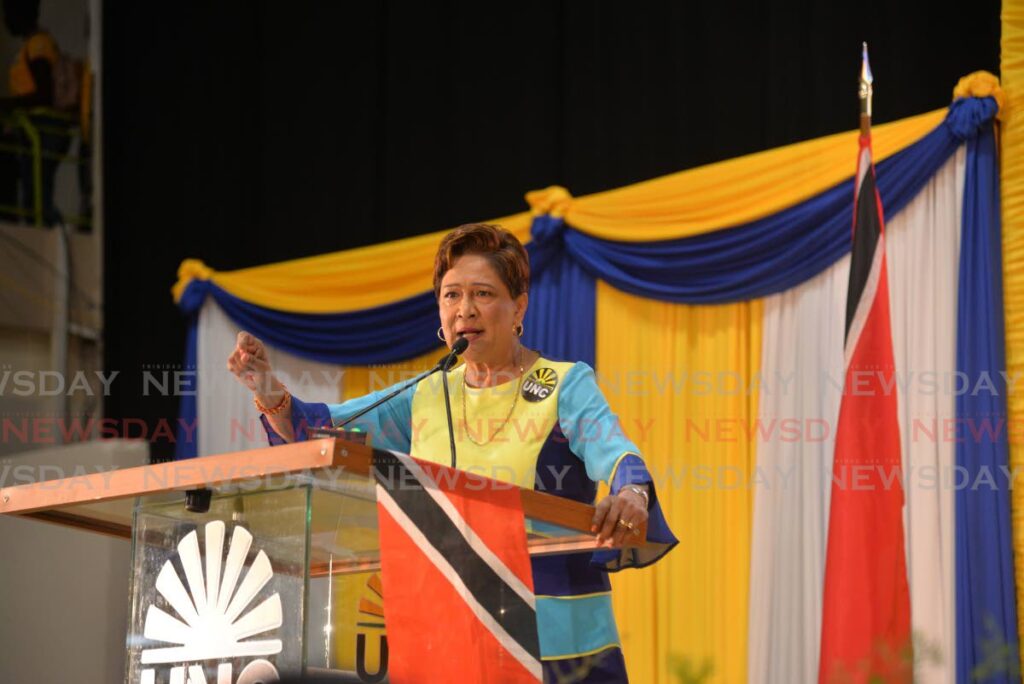 Opposition Leader Kamla Persad-Bissessar addresses a political meeting at Centre of Excellence, Macoya on July 24. - File photo/Anisto Alves