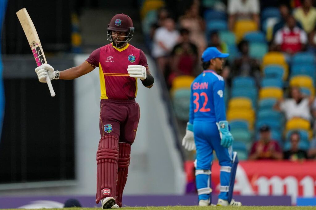 West Indies' captain Shai Hope celebrates scoring half a century against India during the second ODI at Kensington Oval in Bridgetown, Barbados, on Saturday.  - AP PHOTO