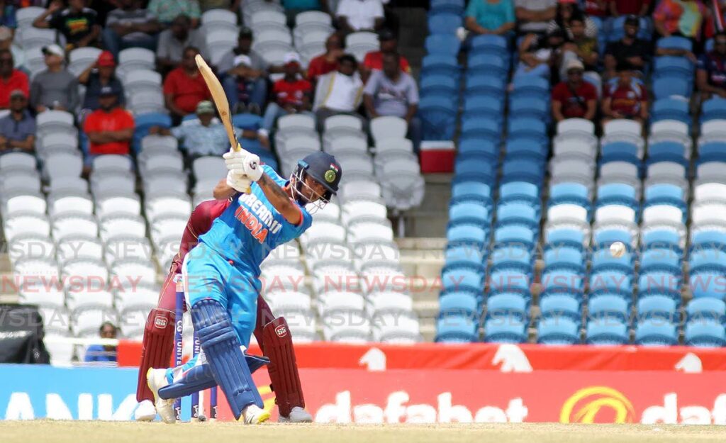 India's Shubman Gill bats during the third One Day International against the West Indies, on Tuesday August 1, 2023 at the Brian Lara Cricket Academy, Tarouba, Trinidad.  - Anisto Alves