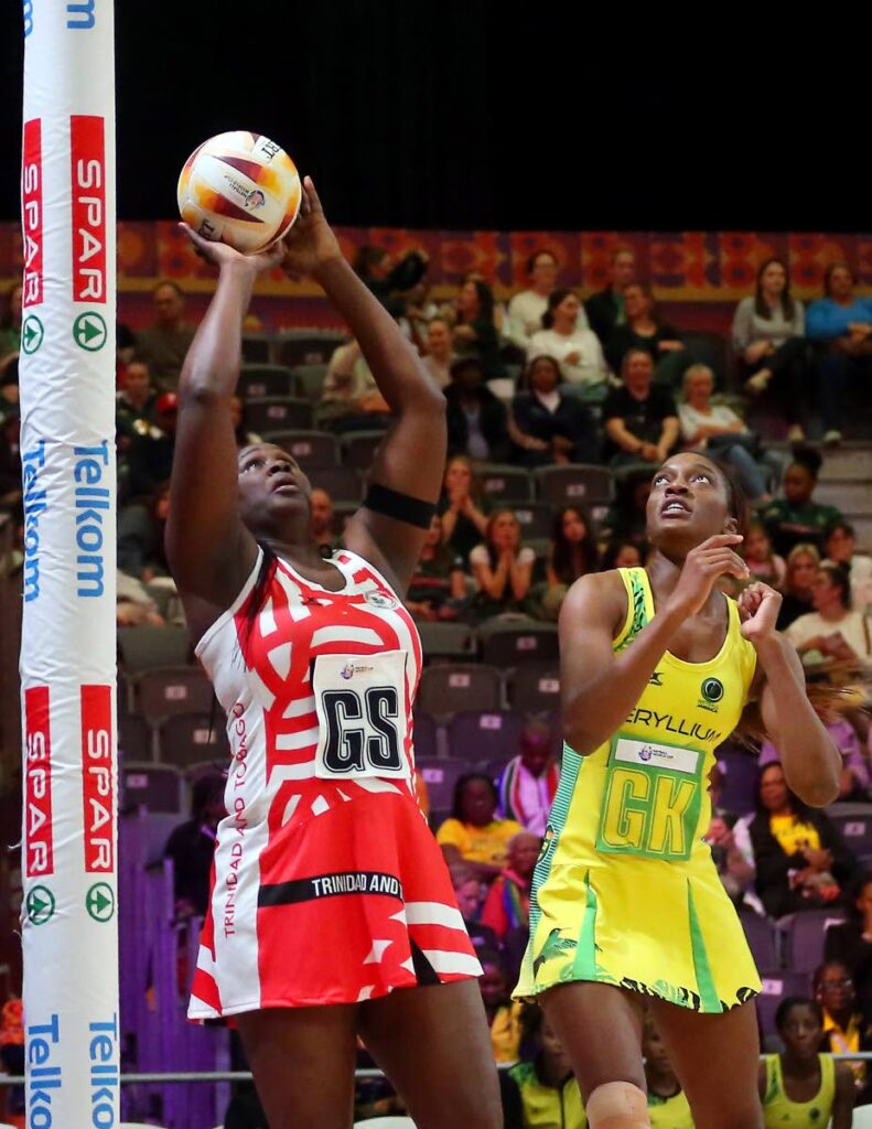 TT's Afeisha Noel looks to shoot as Kadie-Ann Dehaney of Jamaicalooks on  during the Netball World Cup 2023, Pool G match at Cape Town International Convention Centre, Court 1 on Wednesday.  - Gallo Images