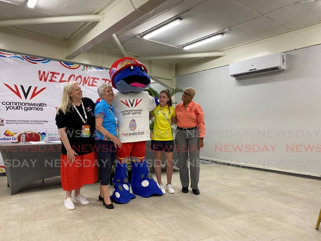 Commonwealth Youth Games 2023 mascot Cocoyea (centre) poses with (from left) CEO of the Commonwealth Games Federation (CGF) Katie Sadleir, CGF president Dame Louise Martin, Australian para-athlete Indiana Cooper and TT Olympic Comittee president Diane Henderson.  - Photo by Narissa Fraser