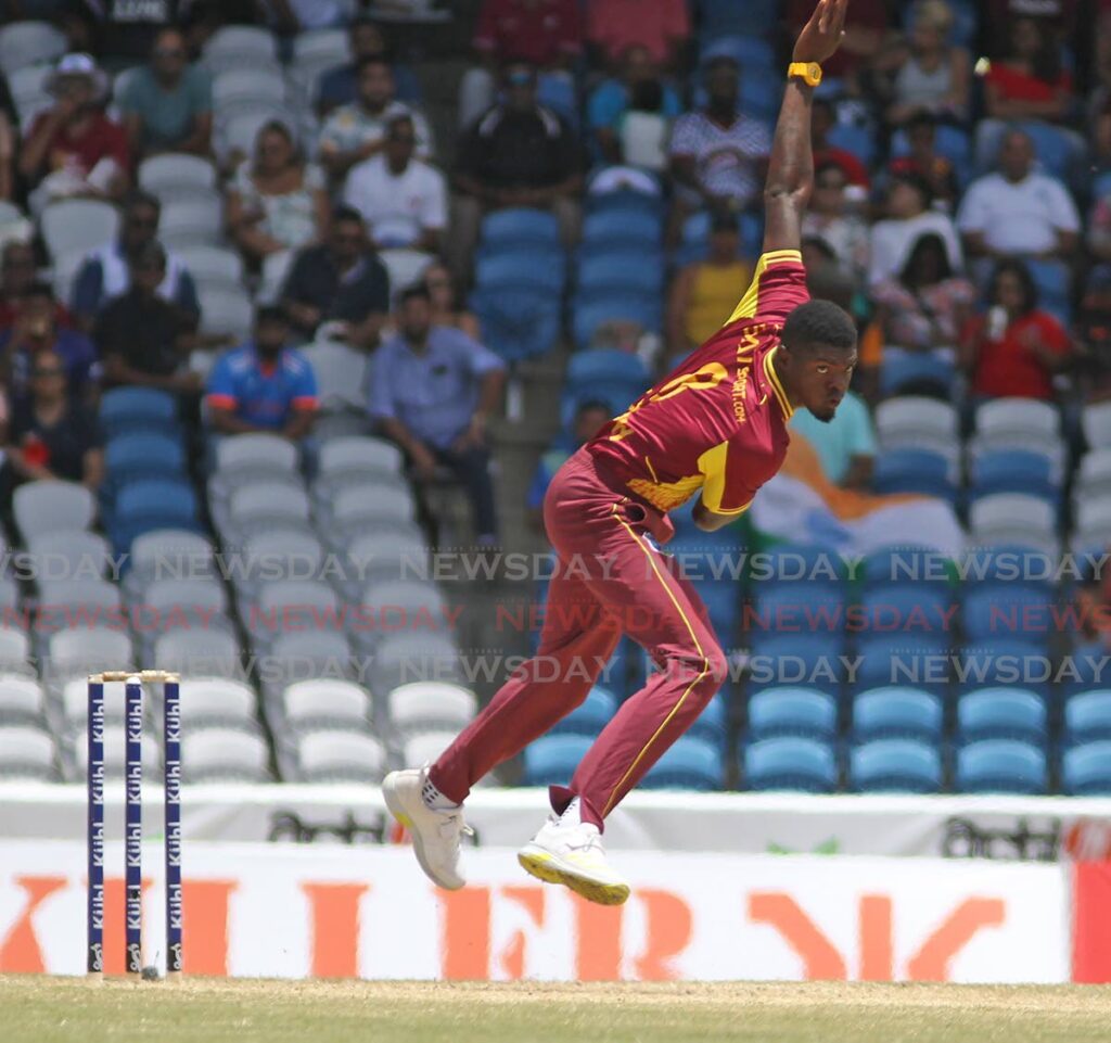 West Indies bowler Alzarri Joseph bowls against India, on Thursday, during the first T20I against India, at the Brian Lara Cricket Academy, Tarouba.  - Lincoln Holder