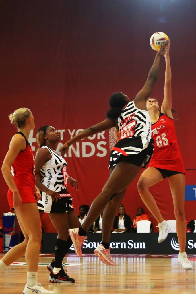 Georgia Rowe of Wales and Shaquanda Greene-Noel of TT in action during the Netball World Cup 2023, Pool G match at Cape Town International Convention Centre, Court 2 on Thursday in Cape Town, South Africa. - Gallo Images