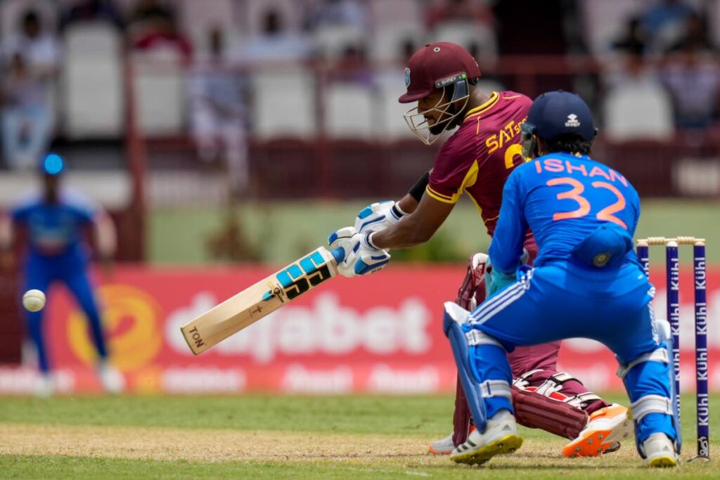 West Indies' Nicholas Pooran plays a shot against India during their second T20 at Providence Stadium in Georgetown, Guyana, Sunday. - AP