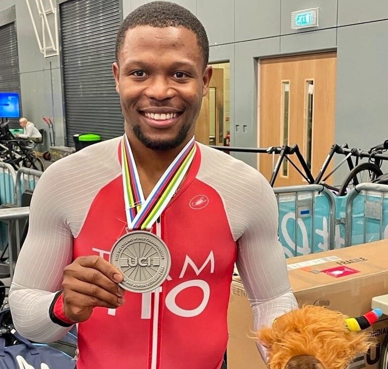 Trinidad and Tobago's Nicholas Paul with his men's sprint silver medal at the World Cycling Championships in Glasgow, Scotland, Monday. Photo courtesy TTCF Facebook