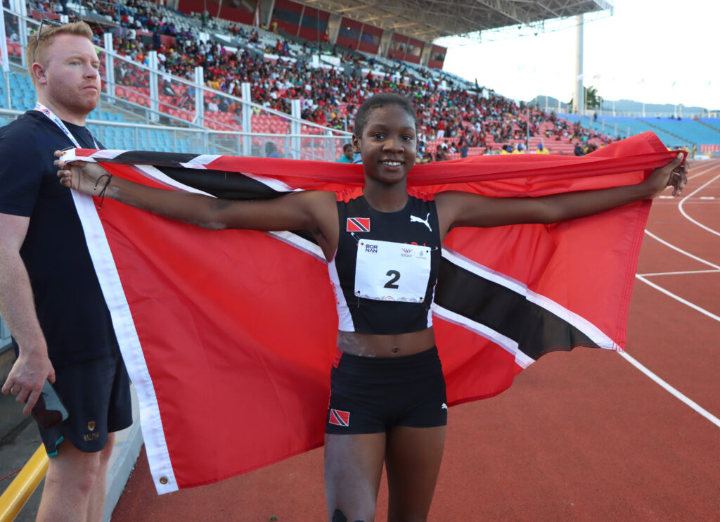 Trinidad and Tobago's Janae De Gannes placed second in the women's long jump at the Commonwealth Youth Games, Hasely Crawford Stadium on Monday. Photo by Angelo Marcelle