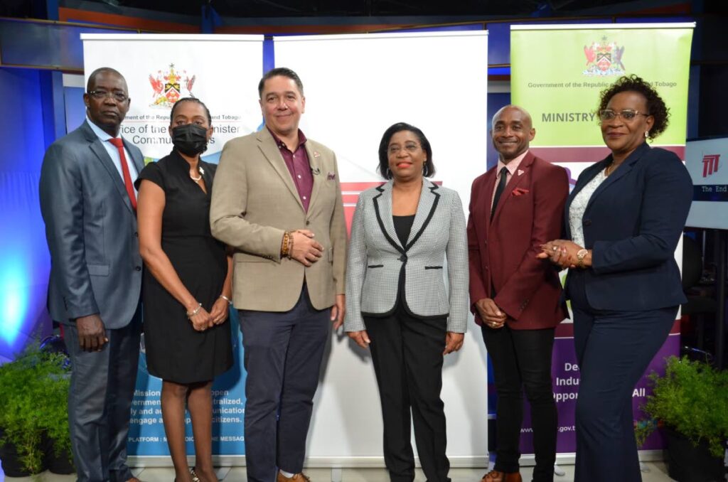  Curtis Daniel, deputy director, OJT Division, Ministry of Labour, left;  Jacqueline Charles, permanent secretary, Office of the Prime Minister - Communications;  Symon de Nobriga, Minister in the Office of the Prime Minister responsible for Communications; Natalie Willis, permanent secretary, Ministry of Labour; Christophe Brathwaite, acting CEO TTT Ltd; and Joann David, director - OJT Division, Ministry of Labour.   - 