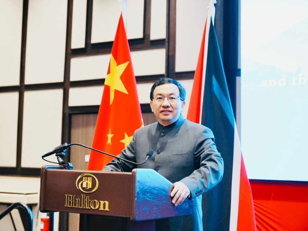 Ambassador Fang Qiu delivers his remarks at the  10th anniversary of the inception of the Belt and Road initiative and the 5th anniversary of China-TT BRI co-operation.
(Photo courtesy Embassy of China in TT) - 