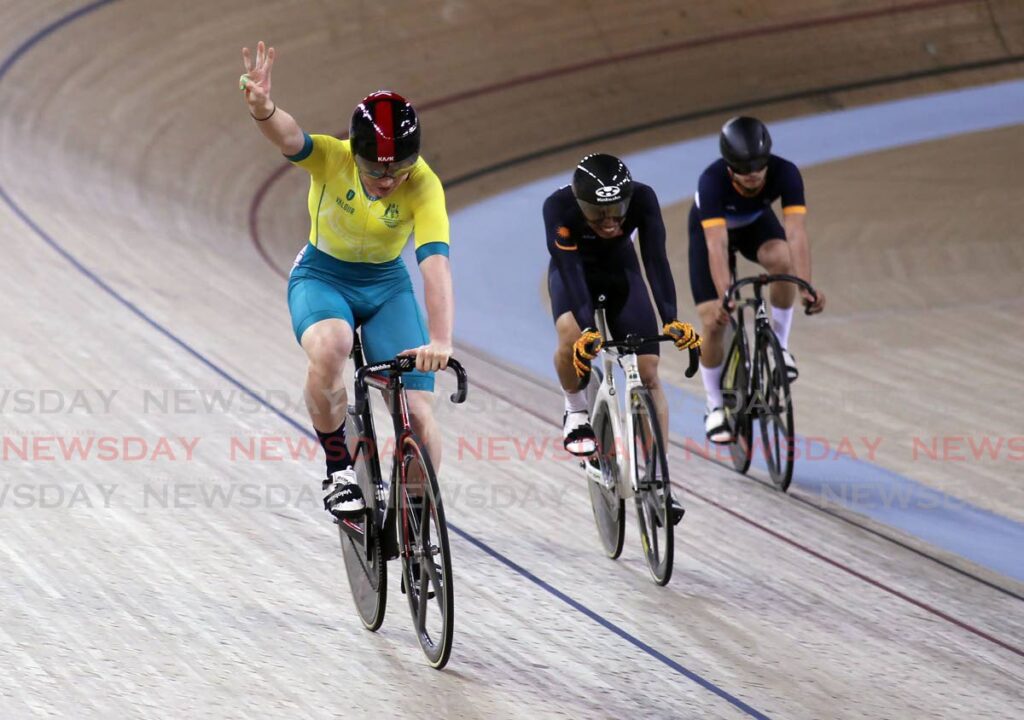 Australia’s Tate Ryan (L) celebrates after winning the men’s keirin at the 2023 Commonwealth Youth Games, on Thursday, at the National Cycling Centre, Balmain, Couva. - Lincoln Holder