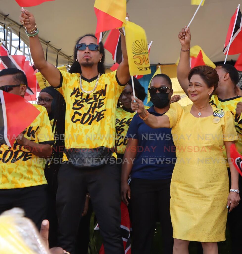 UNC Political Leader Kamla and John Michael Alibocus at the party's rally in San Fernando on Saturday ahead of the local government elections. PHOTO: ANGELO MARCELLE  - 