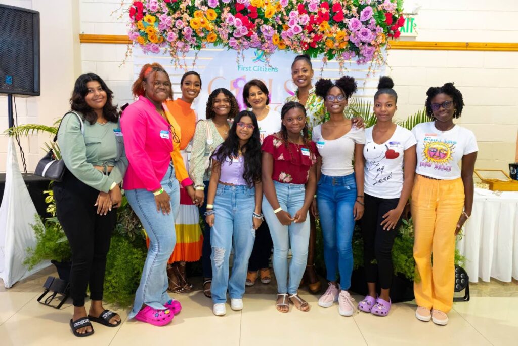 Girls First Limitless attendees with featured speakers, Ainka Williams, Wendy Fitzwilliam and Karen Darbasie,  First Citizens group chief executive officer. - 