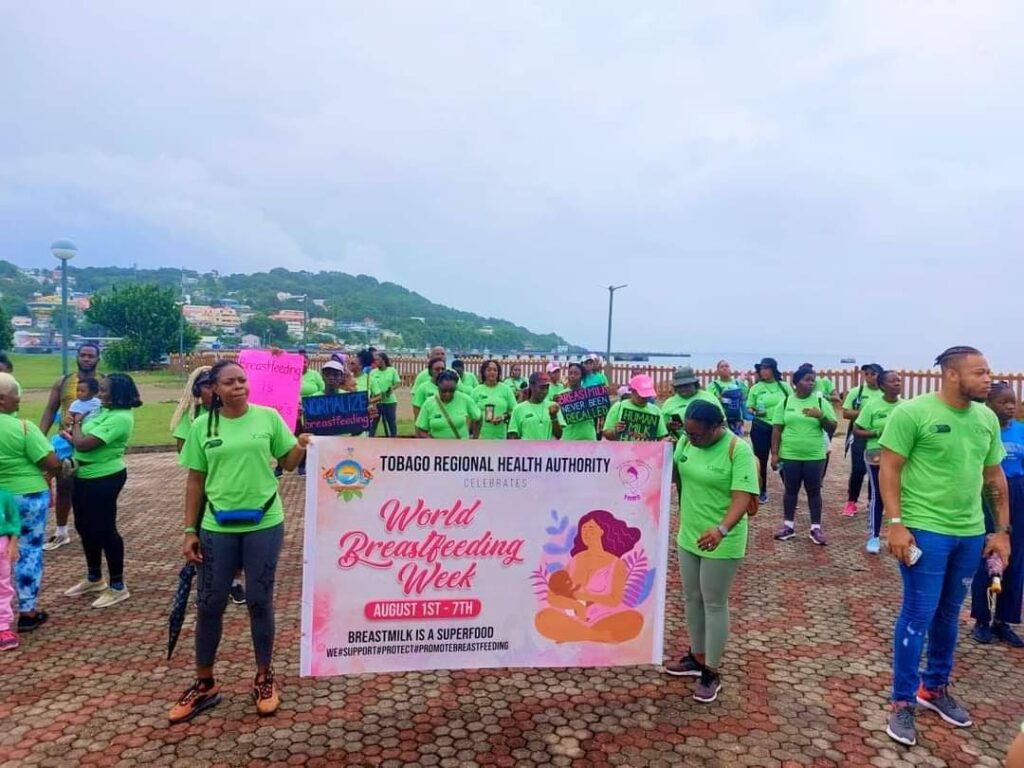 Participants gather at the end of the 2023 World Breastfeeding Walk at the Scarborough Esplanade, Tobago on Saturday. - Photo courtesy THA