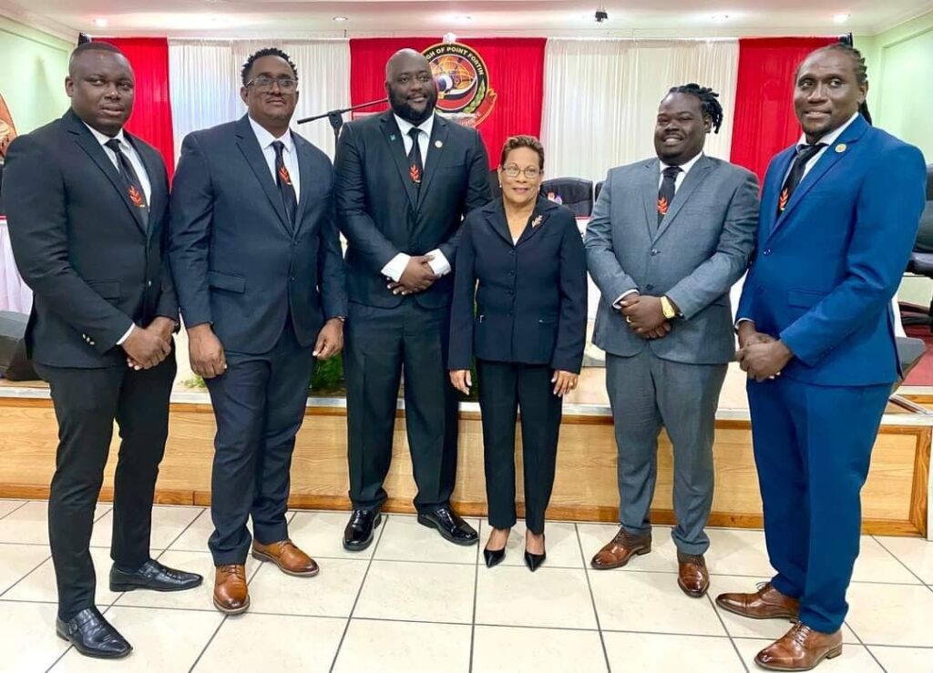 Newly installed councillors of the Point Fortin Borough Corporation (PFBC), from left, Wendell Williams, Steve Guishard, Leslie Pascall, Marilyn Ramnarinesingh, Christopher Wright and Kwesi Thomas at a swearing ceremony at the corporation's office on Monday. PHOTO COURTESY PFBC FACEBOOK PAGE - 