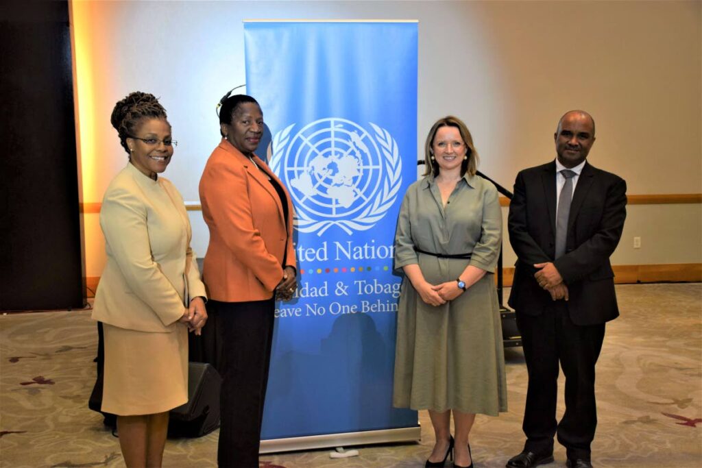 Marie Hinds, permanent secretary, Ministry of Planning and Development (left); Pennelope Beckles, Minister of Planning and Development; Joanna Kazana, UN resident co-ordinator and Mark Thomas, acting team lead, UN resident coordinator’s office at the first JNSSC meeting.
(Photo courtesy Ministry of Planning and Development) - 