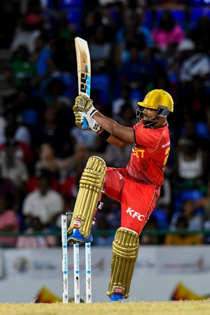 Trinbago Knight Riders' Nicholas Pooran swivels for a six against St Kitts and Nevis Patriots in the Republic Bank Caribbean Premier League at Warner Park, St Kitts, Sunday.  - CPL T20