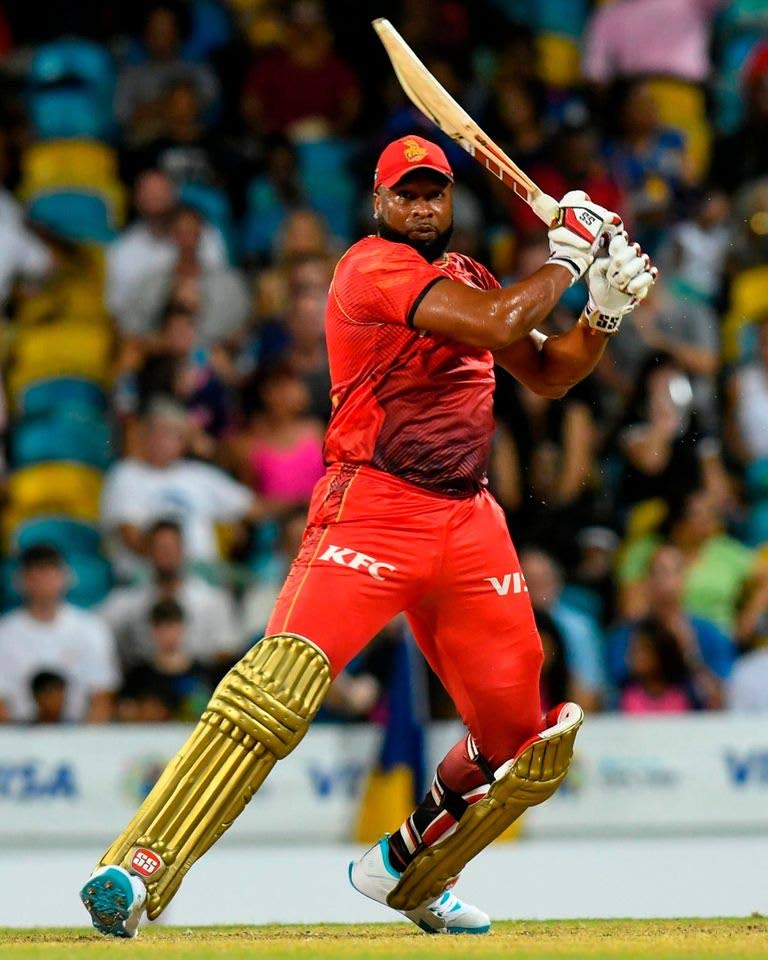 Trinbago Knight Riders captain Keiron Pollard plays a shot against the Barbados Royals, on Wednesday, during the 2023 Republic Bank Caribbean Premier League T20 match, at Kensington Oval, Barbados. - Trinbago Knight Riders